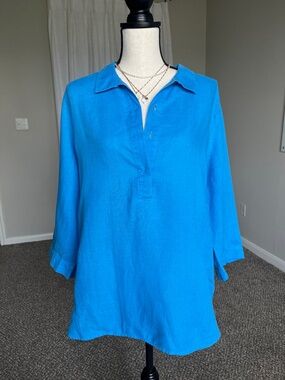 Chico’s 100% Linen Blue Tunic Top Size 1.5 10 L Button Detail Lightweight Blouse